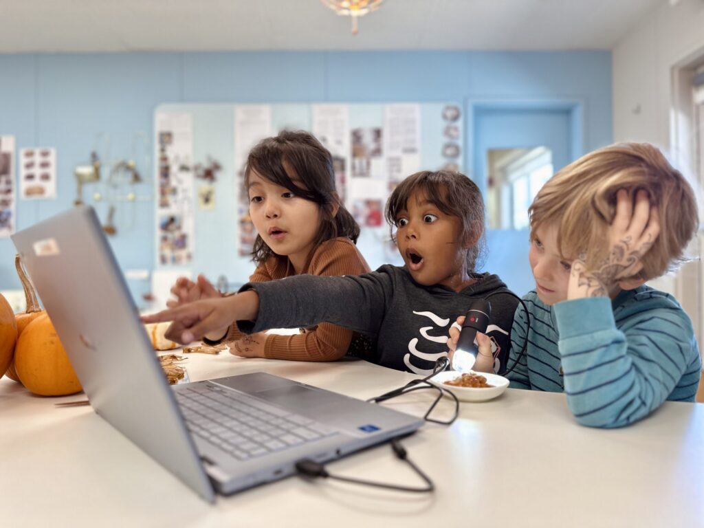 Three young children leaning in and reacting to something on a laptop screen